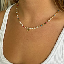 Load image into Gallery viewer, BEADED GEMSTONE & PEARL INITIAL NECKLACE