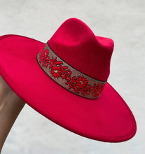 Load image into Gallery viewer, Fedora suede “Audrey” in cherry color/ large brim/ special edition