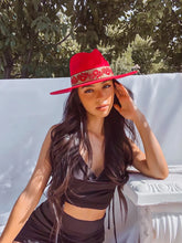 Load image into Gallery viewer, Fedora suede “Audrey” in cherry color/ large brim/ special edition