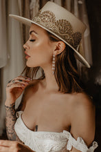 Load image into Gallery viewer, Bridal collection boater suede hat “I DO” in ivory/gold