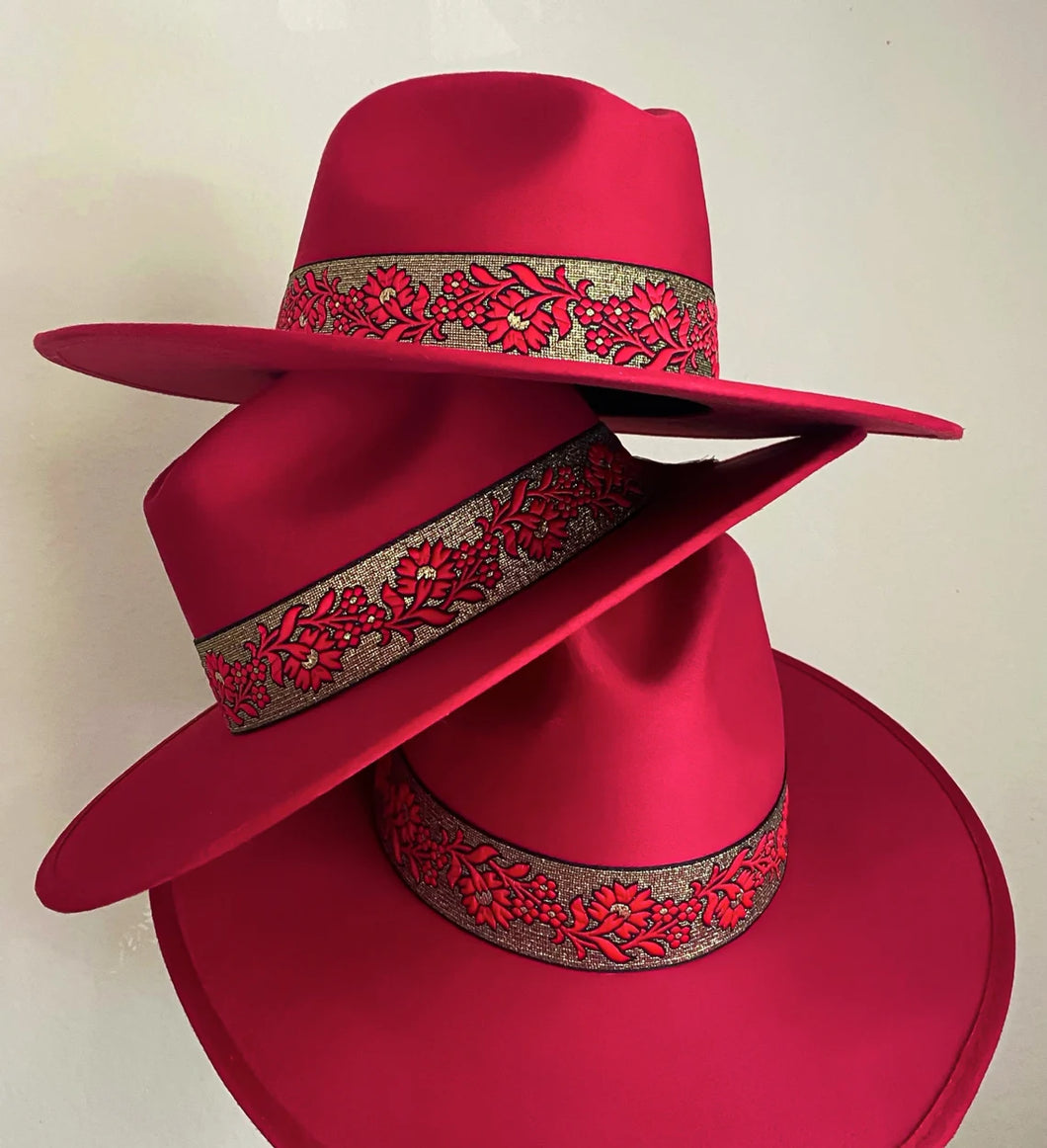 Fedora suede “Audrey” in cherry color/ large brim/ special edition