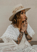 Load image into Gallery viewer, Bridal collection luxury boater hat “THE BRIDE” in ivory/gold/silver