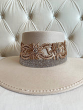 Load image into Gallery viewer, Bridal collection luxury boater hat “THE BRIDE” in ivory/gold/silver
