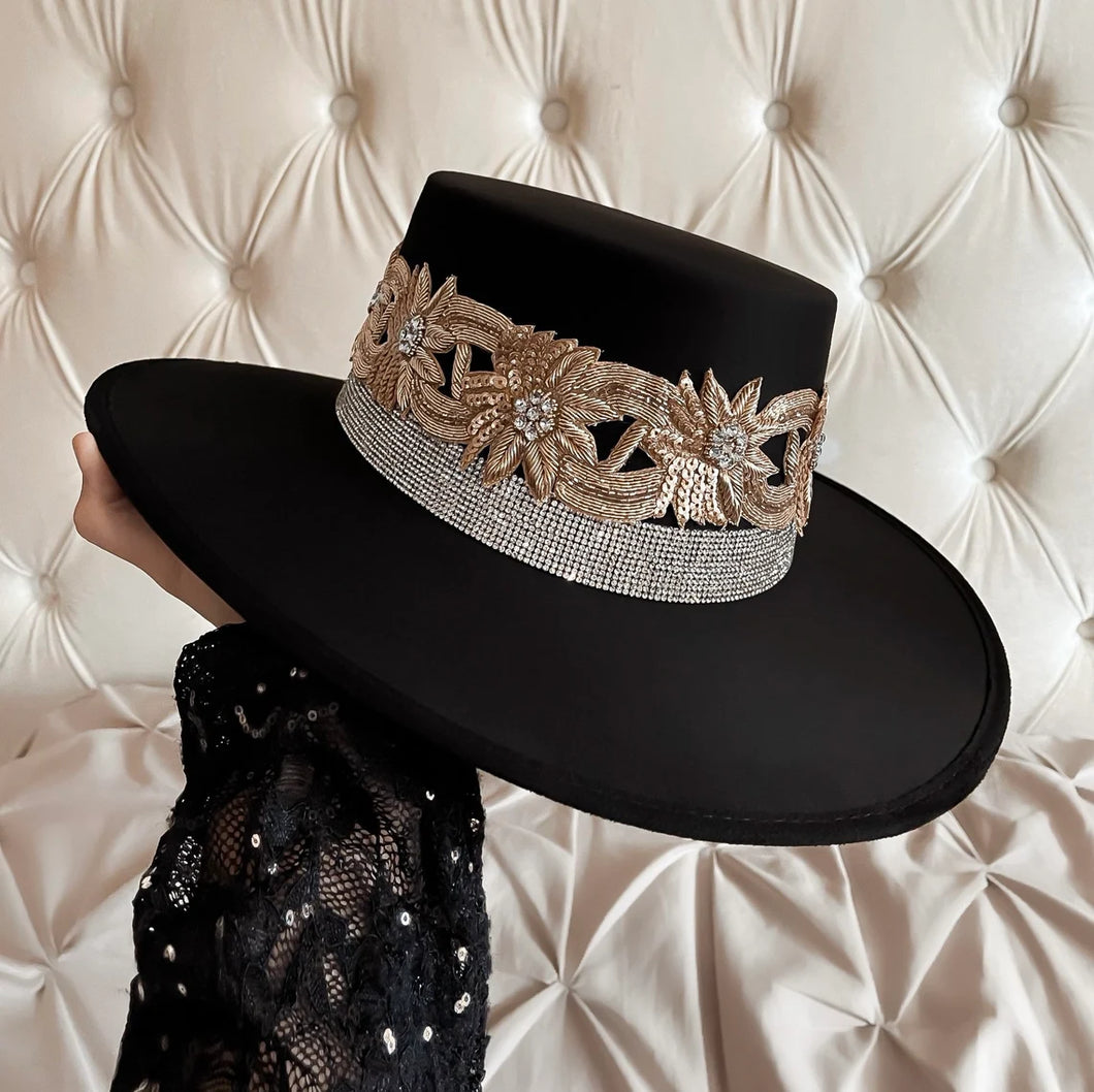 Bridal collection luxury boater hat “THE BRIDE” in black/gold/silver