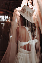 Load image into Gallery viewer, Bridal collection boater suede hat “I DO” in ivory/gold
